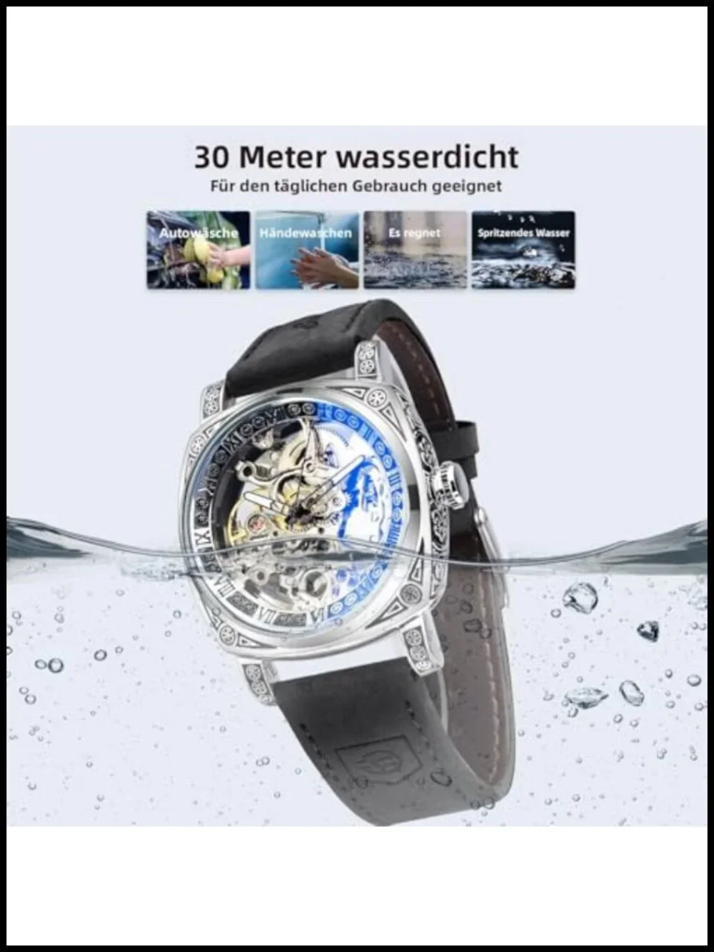 FORSINING Men's Square Retro Mechanical Watch Self-Wind Skeleton Carved Leather
